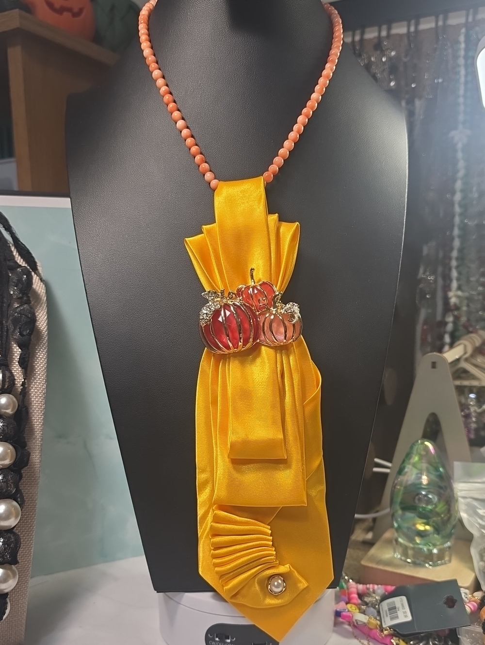Gold Satin Necktie with Orange Glass Bead Chain and Pumpkin Brooch